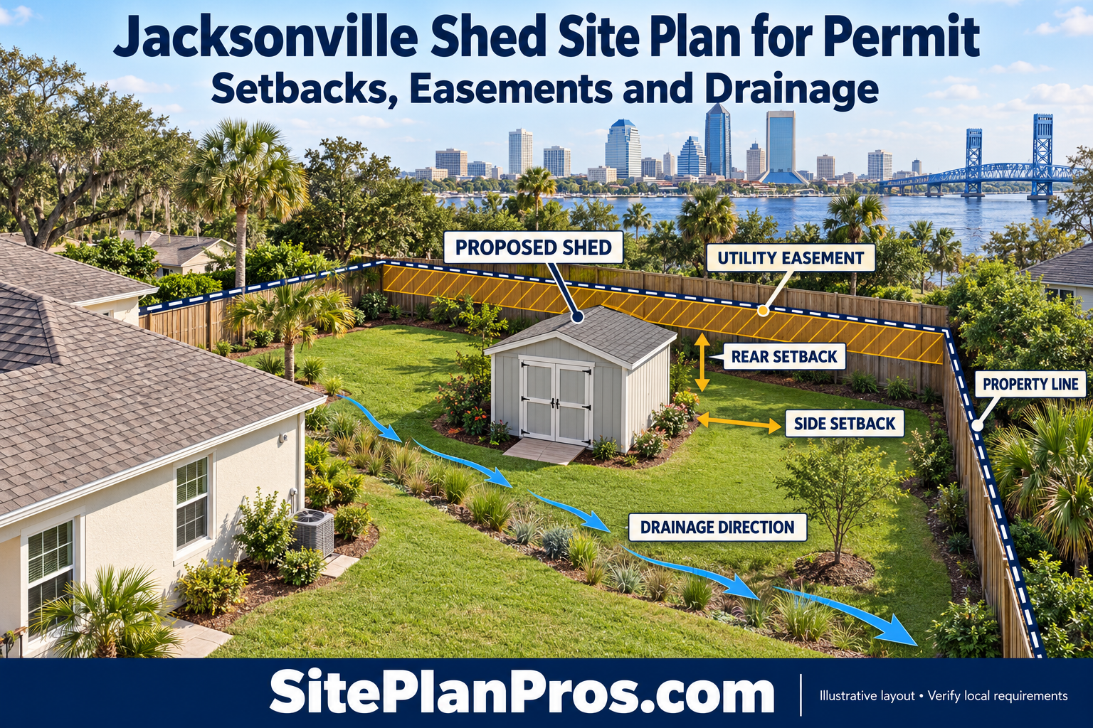 Jacksonville shed site plan illustration showing a proposed shed, side and rear setbacks, utility easement, property line and drainage direction.